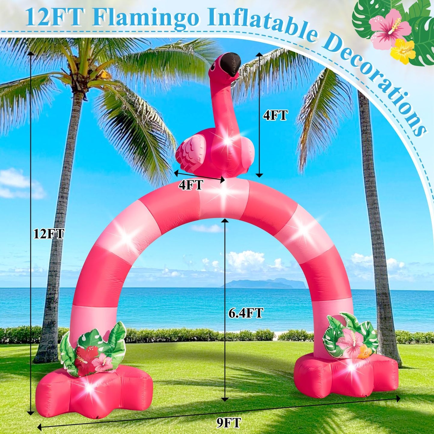 Eyourlife 12FT Pink Flamingo Inflatable Arch,Giant Inflatable Flamingo Outdoor Decor,Blow-Up Flamingo with 1Blower 6LED Lights and 2Hawaiian Leis for Summer Yard Garden Birthday Luau Beach Party