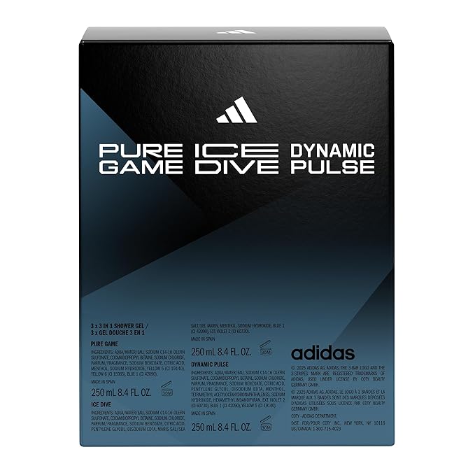 adidas Dynamic Pulse, Ice Dive, Pure Game Giftset, Shower Gel 8.4 fl oz, Notes of Rosemary, Lemon, Peppermint, and Grapefruit, Men's Fragrance, Long Lasting, Sporty Fragrance
