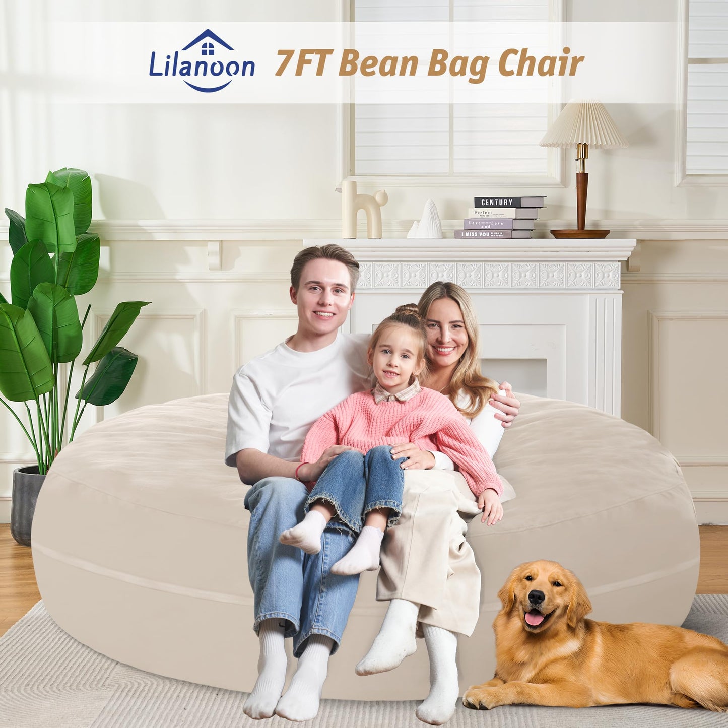 lilanoon Bean Bag Chair 7FT with Ultra Soft Velvet Cover Memory Foam Bean Bag Large Size Lazy Sofa for Living Room Beige 7FT