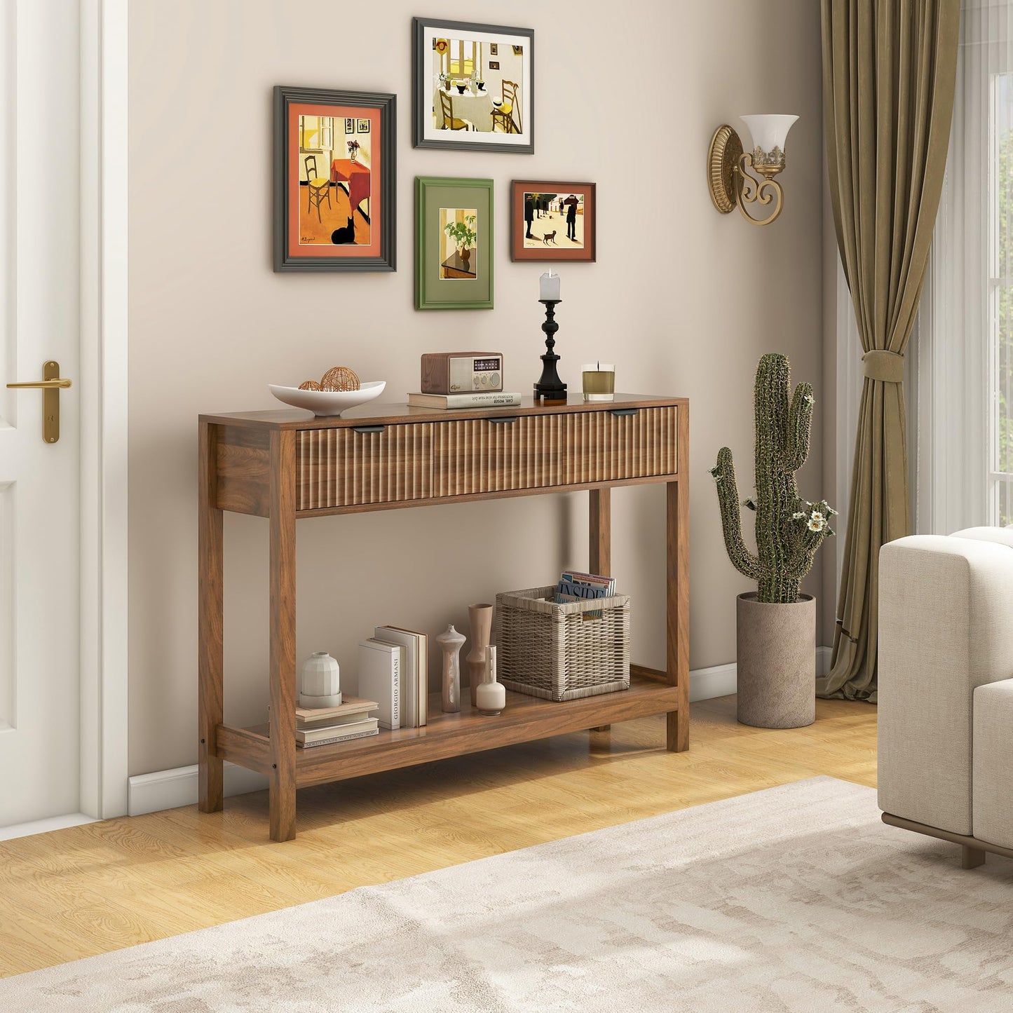 Nasonet Fluted Console Table, Wooden Sofa Table with Storage and Drawers, Farmhouse Behind Couch Table Entryway Table for Entrance, Hallway, Living Room, Brown