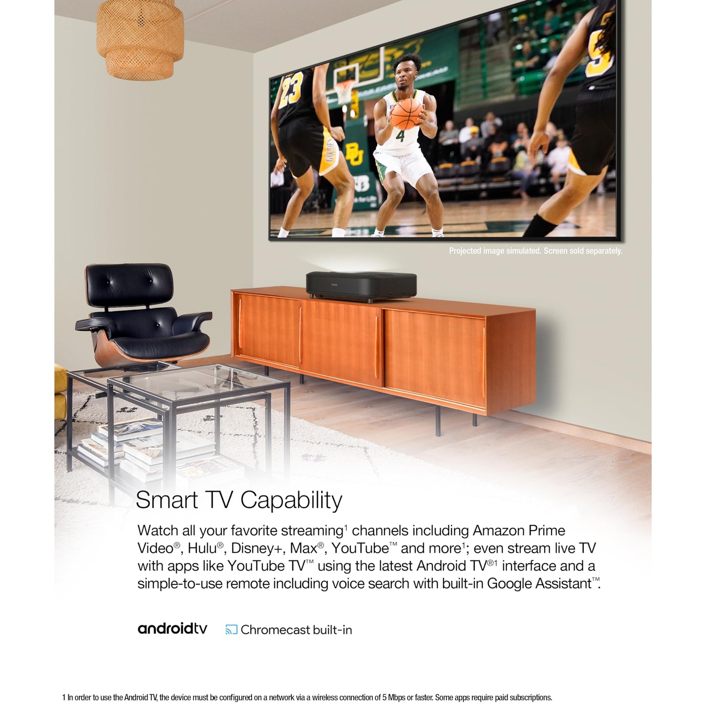 Epson EpiqVision LS650 Ultra Short Throw 3-Chip 3LCD Smart Streaming Laser Projector - 4K PRO-UHD - HDR - 3,600 Lumens - up to 120" - Setting Assistant - Android TV - Sound by Yamaha - Black