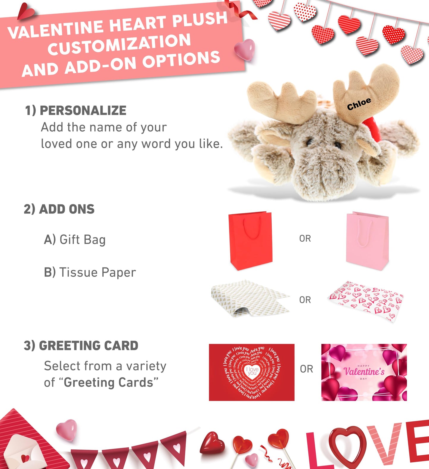 DolliBu I Love You Valentine Plush Lying Moose - Cute Stuffed Animal with Red Heart and Name Personalization Gift for Valentine's Day, Birthday, Anniversary, Romantic Date - 11 Inches