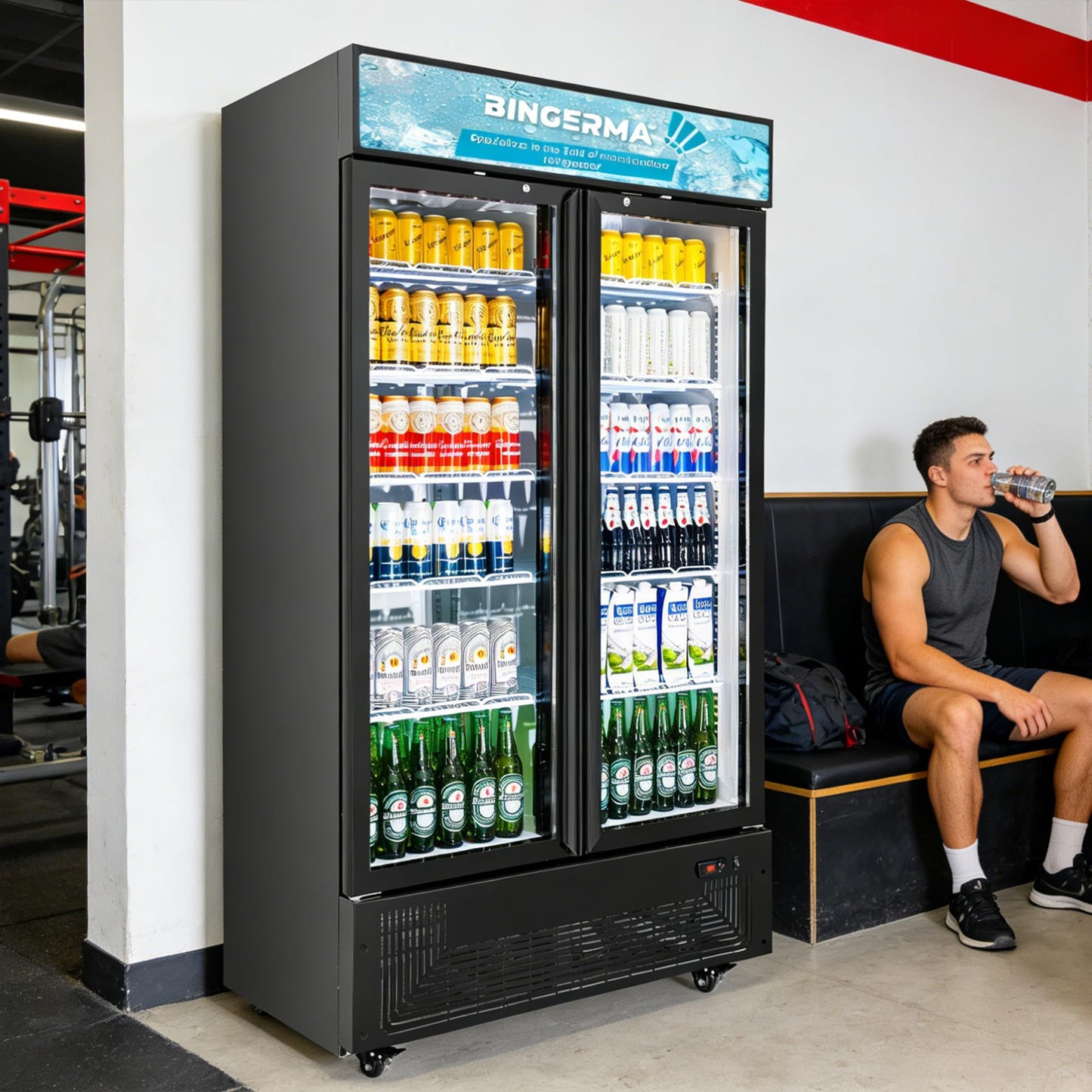 BINGERMA Commercial Merchandiser Display Refrigerator with 2 Glass Doors 30 Cu.ft Beverage Back Bar Cooler Black Drink Fridge for Convenience Stores, Supermarkets, Bars, Offices