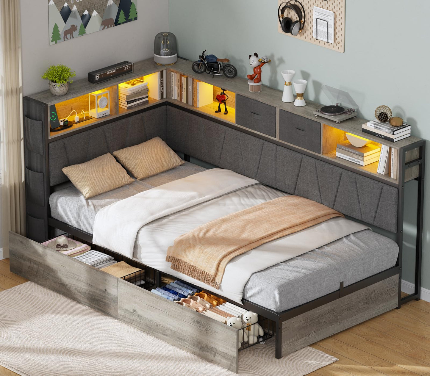 Twin XL Corner Bed Frame with Storage Bookcase, Kids Bed Unit with Charging Station and LED Light, Twin XL Size Platform Beds with Storage and Charging Station, with 2 Underneath Drawers, Grey