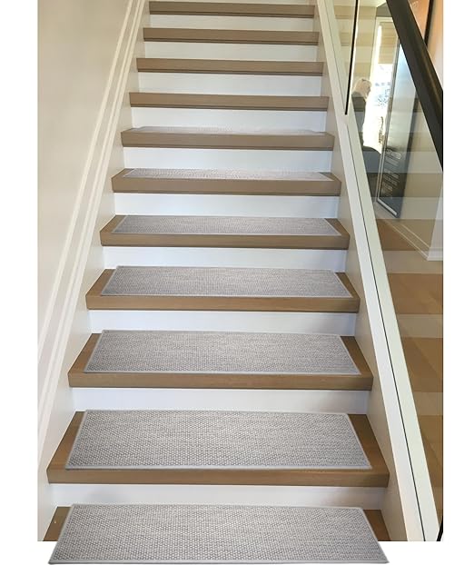 Natural Linen Stair Treads for Wooden Steps, 15 Pcs 8" x 30",Non Slip Stair Runner, Peel and Stick Carpet Indoor for Kids Elders and Pets (15, Grey, 8" x 30")