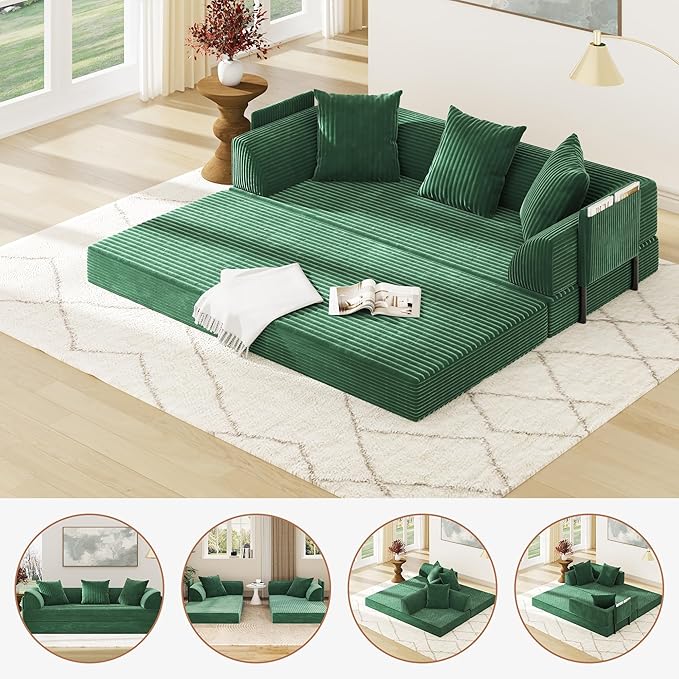 Folding Convertible Sofa Bed with 3 Pillows, 79 " Corduroy Boneless Couch with Armrest Pockets, Lounge Loveseat Sleeper with Pull Out Bed, Memory Foam Compressed Sofa for Living Room Bedroom, Green