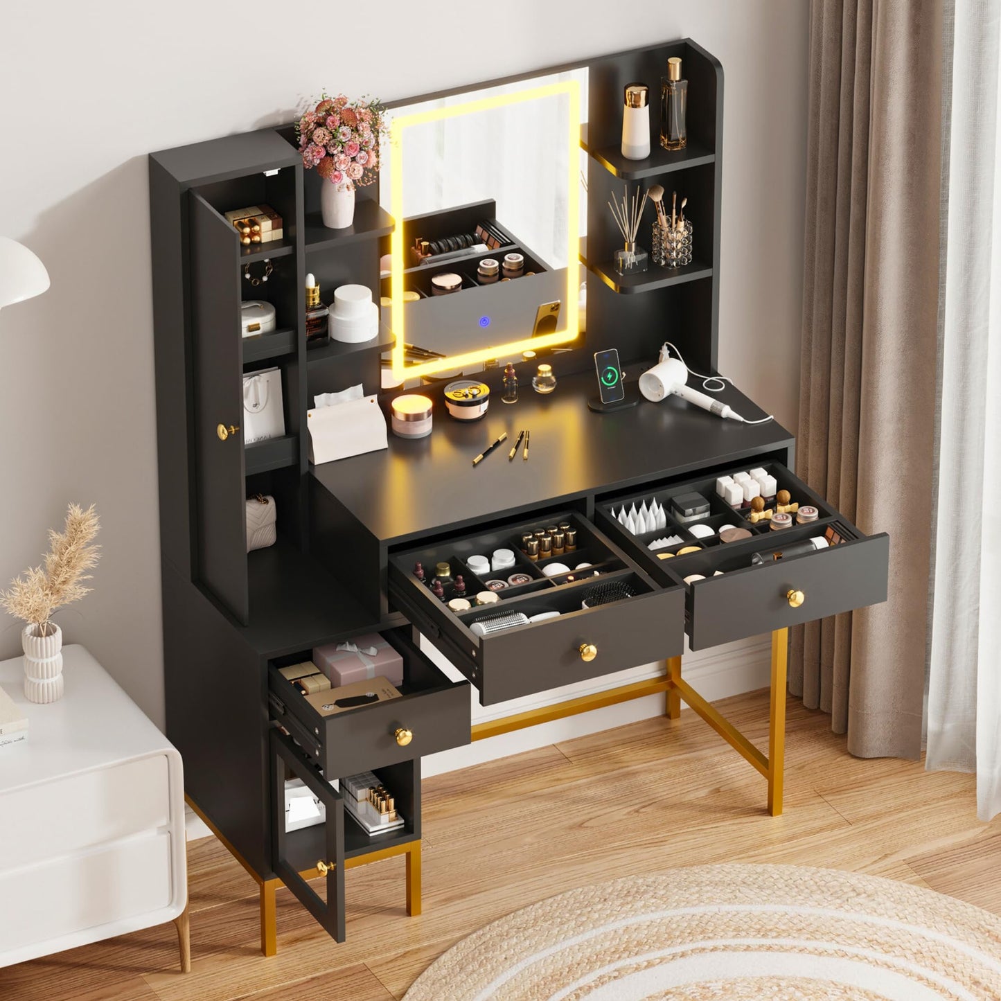 IDEALHOSUE Vanity Desk with Mirror and Lights, Makeup Vanity with Jewelry Storage, Cabinet, Drawers, Modern Makeup Desk with LED Lighting and Charging Station for Bedroom, Black