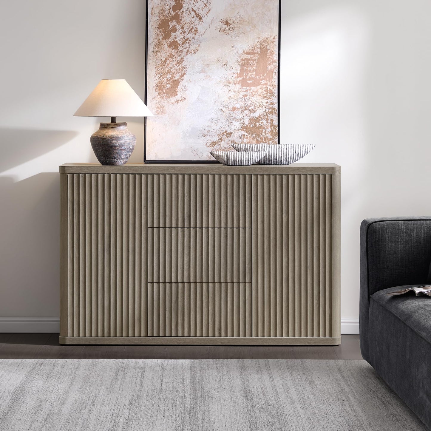 SICOTAS Buffet Cabinet with Storage - Accent Fluted Storage Cabinet with 2 Doors & 3 Drawers 54.7" Wide Modern Sideboard Credenza Large Buffet Table for Living Room Kitchen Dining Room Entryway Office