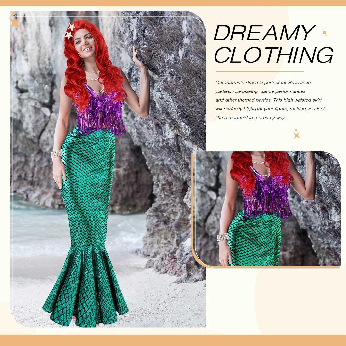 Croknit 8 Pcs Mermaid Costume for Women Halloween Costumes Sparkly Sequins Top Mermaid Skirt Wig Princesses Dress for Adults(Green,X-Large)