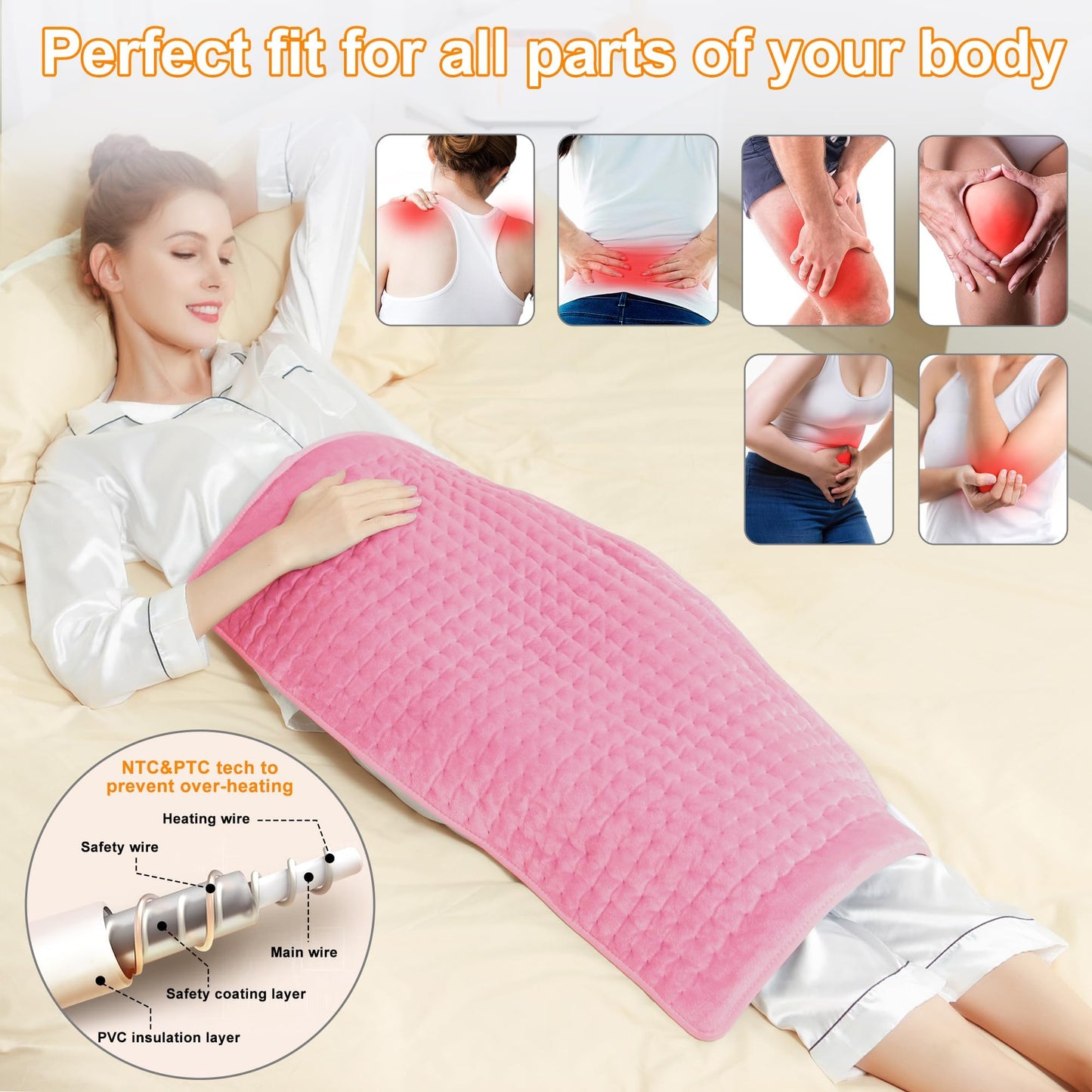 Deepsoon Heating Pad,Electric Heating Pads for Back,Neck,Abdomen,Moist Heating Pad for Shoulder,Knee,Arms,Legs,Dry/Moist Heat & Auto Shut Off,Christmas Gifts for Men and Women,BabyPink,33x17 Inch