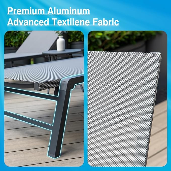 FHVIT Aluminum Chaise Lounge Chair Outdoor, Foldable Patio Lounge Chair 2 Sets with Table Assemble-Free, Pool Lounge Chairs with 5 Adjustable Backrest, Outdoor Lounge Chairs for Outside Poolside Grey