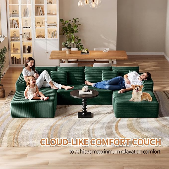 Fancyfire 134.6" Cloud Modular Sectional Couch with Chaise and Pillows,Ultimate Comfort U-Shaped Deep Seat Sofa,Boneless Couch Upholstered 3-Seater Sofas for Living Room, No Assembly Required(Green)