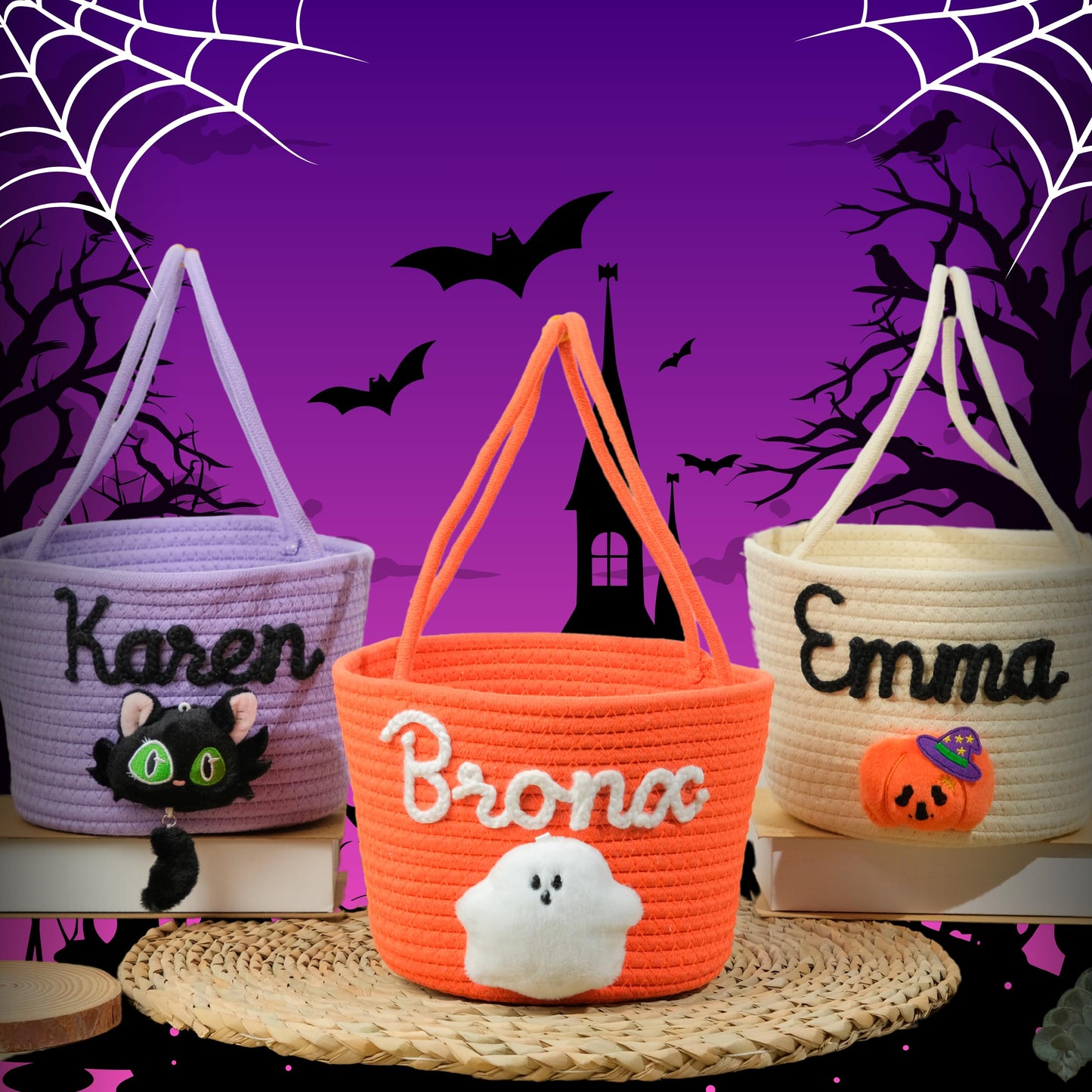 SphonxAi Personalized Halloween Basket, Customized Trick or Treat Bucket, Handmade Knitted Candy Tote, Halloween Basket with Name, Costume Ghost Bucket (Green)