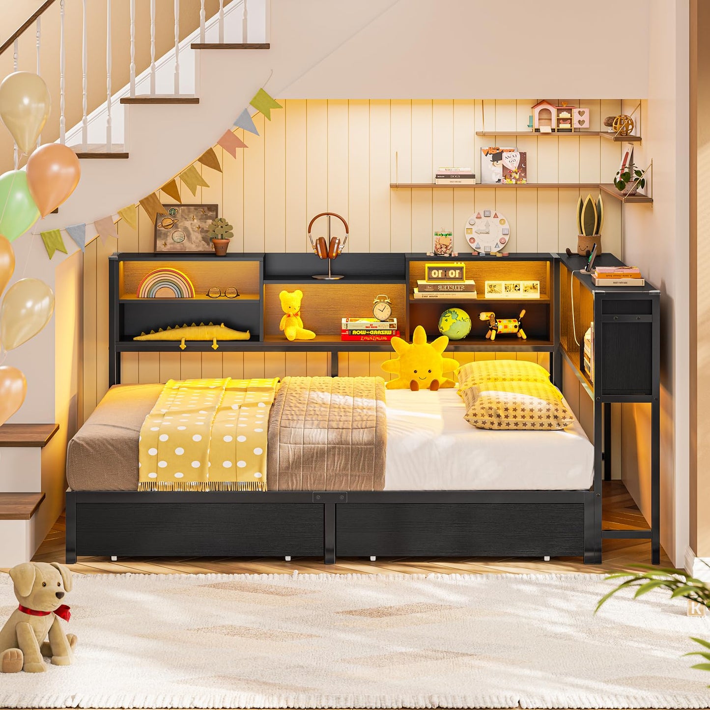 Hasuit Full Corner Bed Frame with Storage Bookcase, Full Size Daybed with 2 Underneath Storage Drawers, Kids Bed Unit with Charging Station and LED Light, Modern Teenagers Bedframe, Black