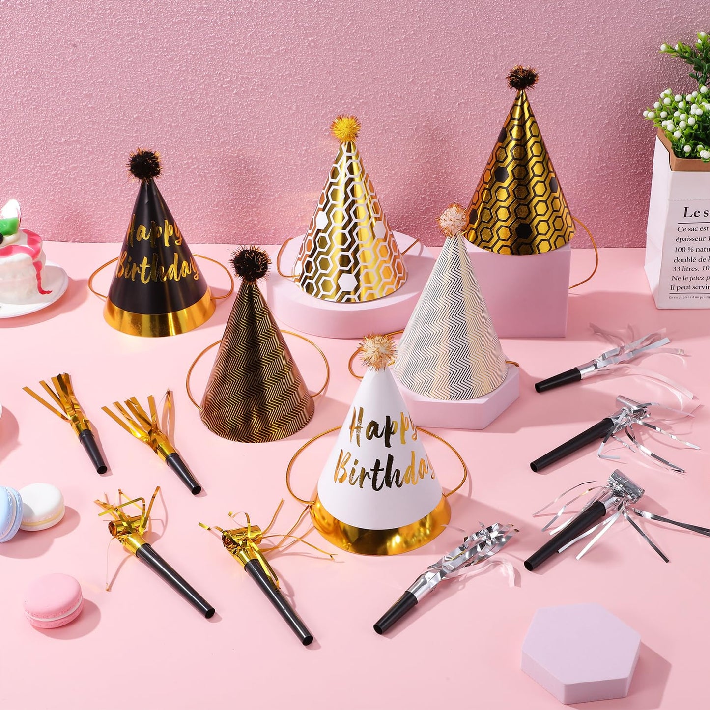 JOINPAYA 36 Pcs Birthday Party Set: Black Gold Cone Hats for Kids Including 12 Paper Hats and 24 Noise Makers, Happy Birthday Supplies