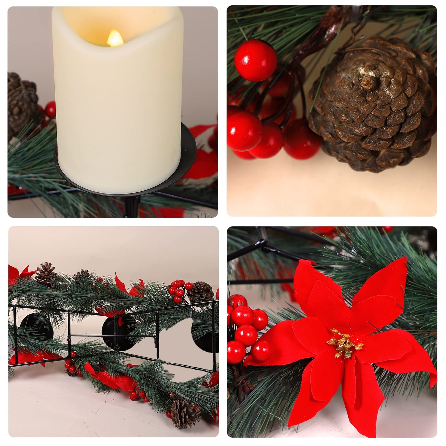 MorTime Christmas Centerpiece with 3 Candle Holders, Xmas Tabletop Decor with Red Flowers Berries Pinecones Steel Base for Indoor Home Christmas Decoration