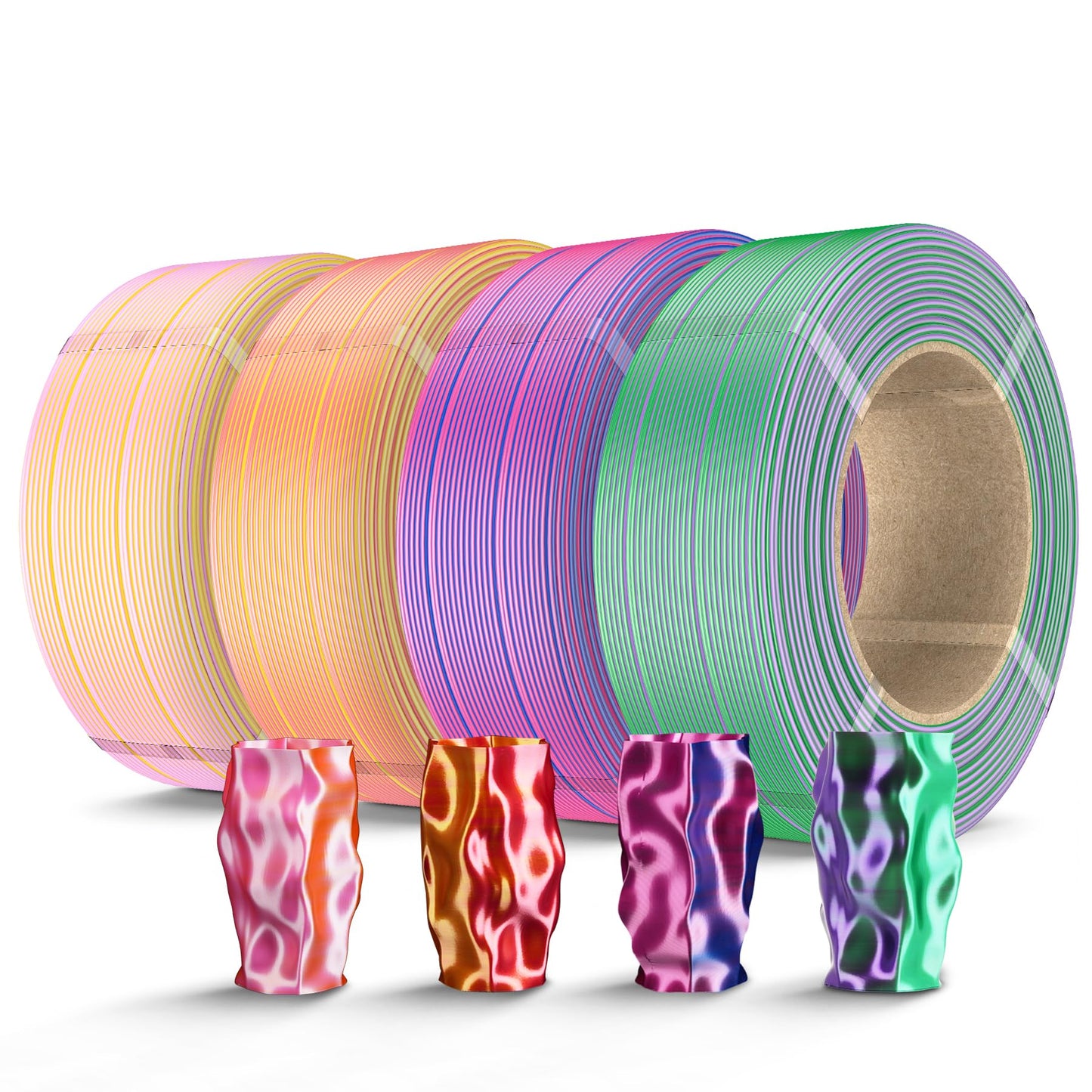 SUNLU 500g Silk Dual Color PLA Filament Refill Bundle, No-Spool Silk PLA Plus 3D Printer Filament 4 Packs, Compatible with Bambu