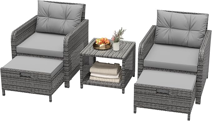 LHBcraft 5 Piece Patio Conversation Set Outdoor Patio Chairs with Ottomans Balcony Furniture with Soft Cushions & Coffee Table for Poolside Garden Balcony, Grey