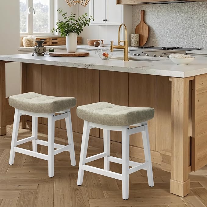 RNKSFX Counter Height Bar Stool Kitchen Counter Modern Backless Barstool with Upholstered Faux Leather Seat and Solid Wood Leg Farmhouse 24 inch Bar Chair, Light Grey + White, 1pc