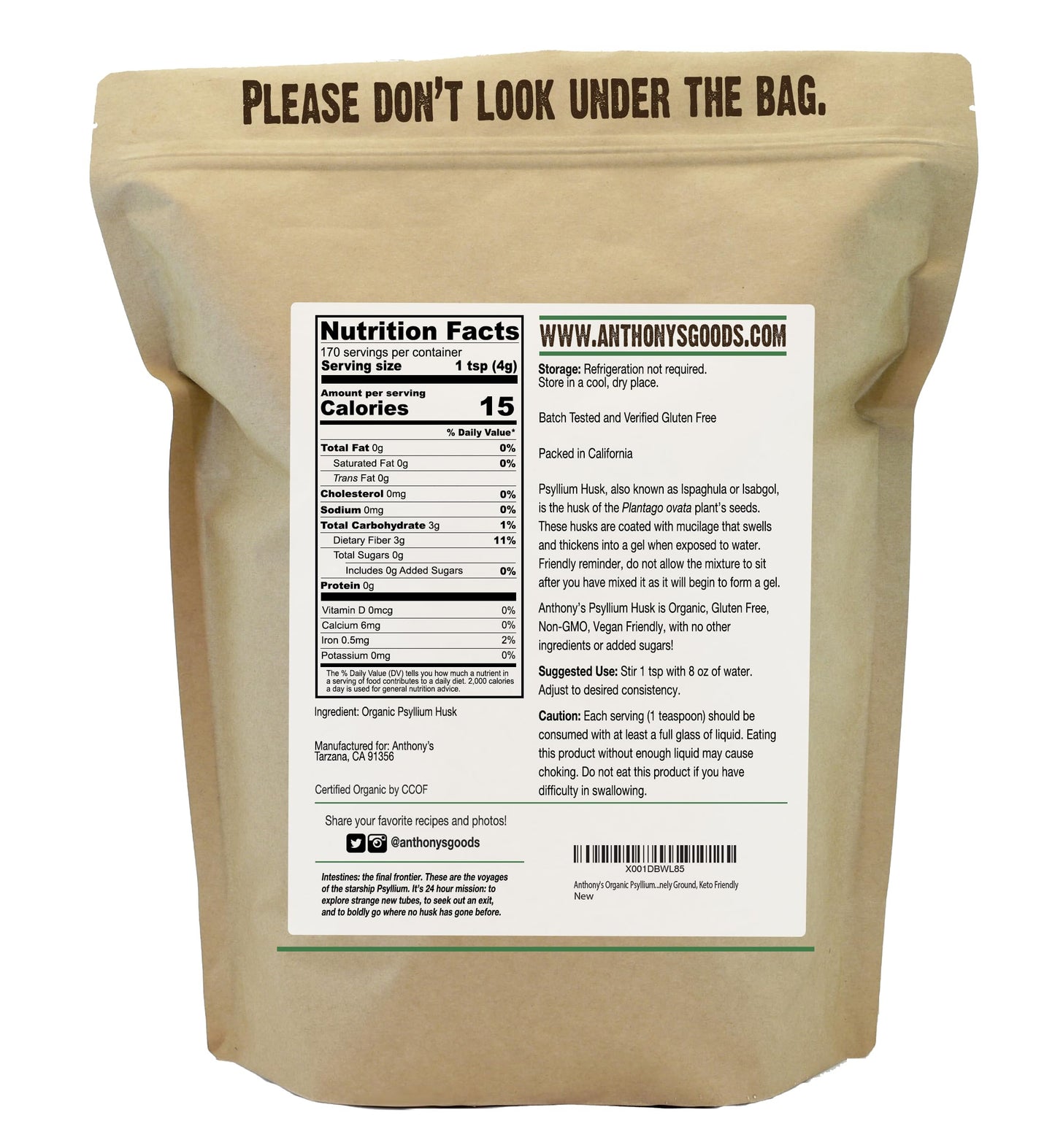 Anthony's Organic Psyllium Husk Powder, 1.5 lb, Gluten Free, Non GMO, Finely Ground, Keto Friendly