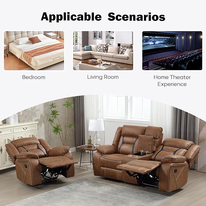 EBELLO Manual Recliner Sofa Set, Faux Leather Reclining Living Room Furniture Set, Included Single Recliner Chair and Manual Loveseat Sofa, Brown
