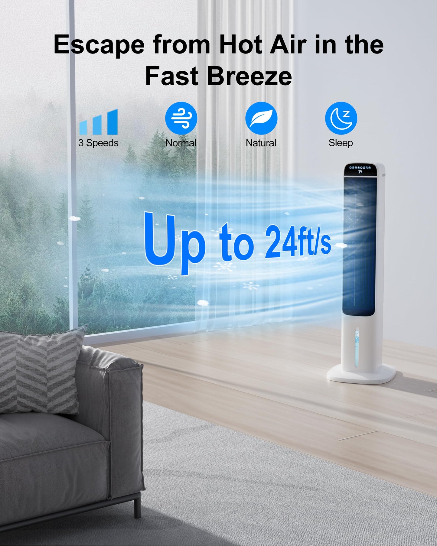 Uthfy 41 INCH Portable Air Conditioners, 3-in-1 Swamp Cooler with 120° Oscillation, 28ft/s, Cooling Fans that Blow Cold Air 4 Modes, 3 Speeds,4L Water Tank,4 Ice Packs, Off White