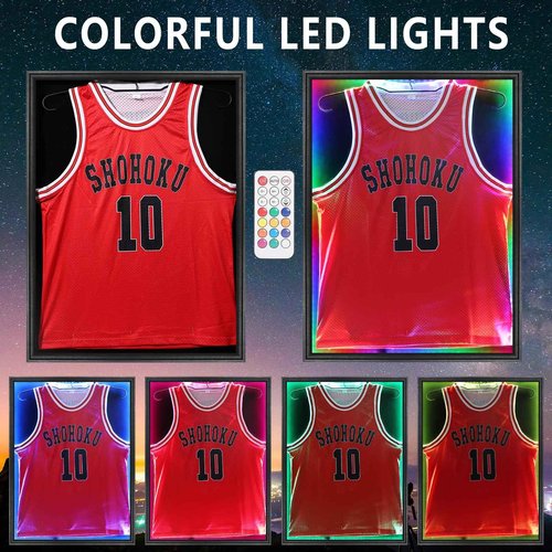 Grintus Jersey Frame Display Case,Lockable with Colorful Led Lights Display Box for Jersey Display with UV Protection Acrylic and Hanger for Baseball Basketball Football Hockey Sport Shirt,Black