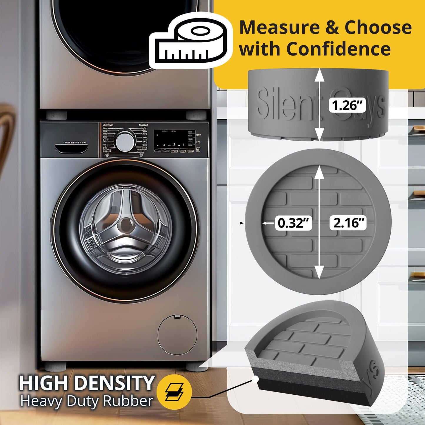 Silent Guys Anti Vibration Pads for Washing Machine (4 Pack) – Heavy Duty Washing Machine Anti-Vibration Pads, Universal Washer Feet, Grey Anti Vibration Mat