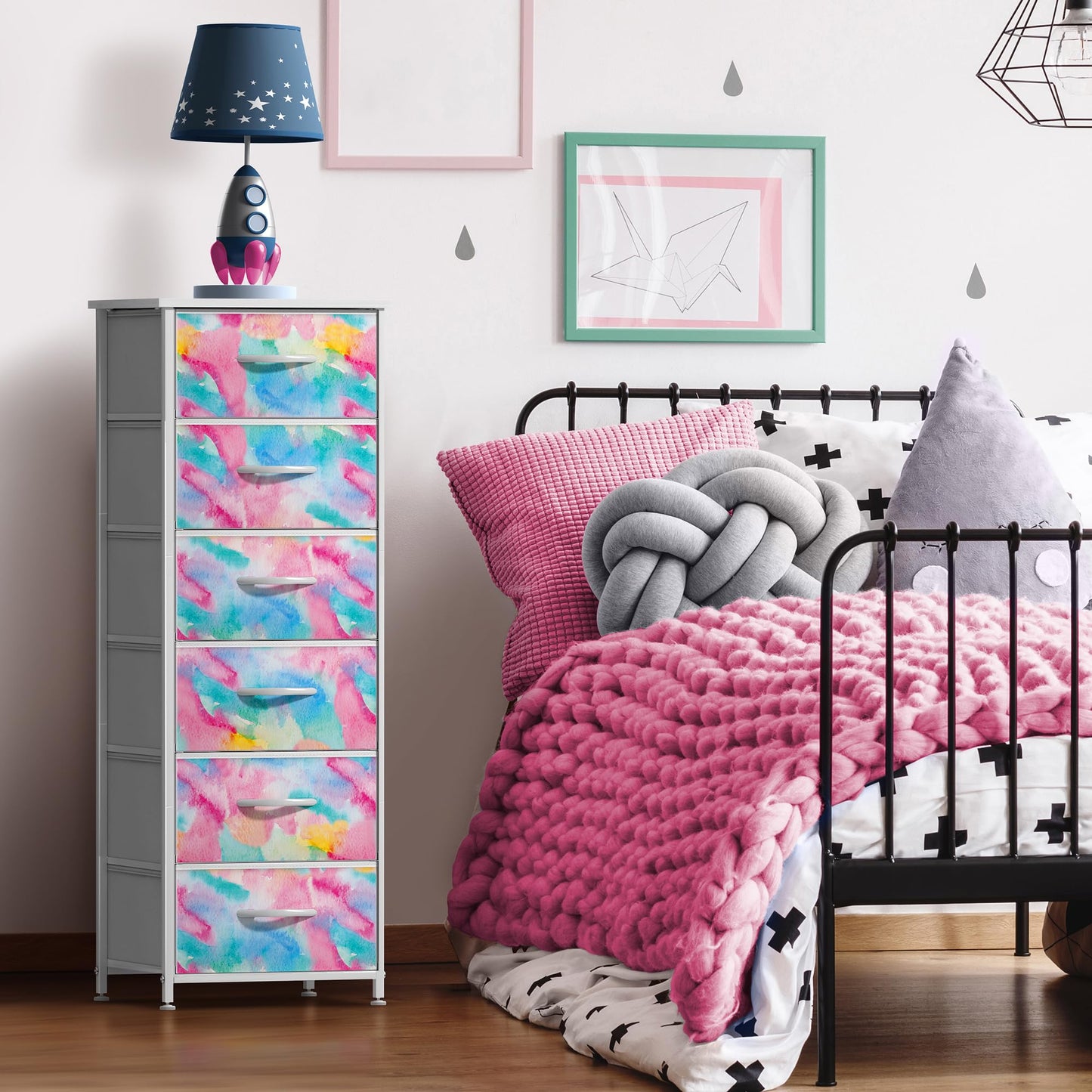 Sorbus Kids Dresser with 6 Drawers - Storage Chest Organizer Nightstand - Steel Frame, Wood Top, Tie-Dye Fabric Bins for Clothes - Wide Furniture for Bedroom, Hallway, Nursery, Closet, & Apartment