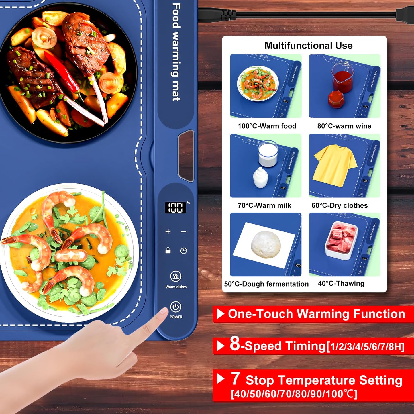 Warming Mat for Food - Electric Warming Tray, XL(32"x15") Food Warmer Mat with Fast Full Surface Heating, Silicone Heating Mat for Party Buffet, Great Gift for Women, Hosts, New Homeowners (Blue)