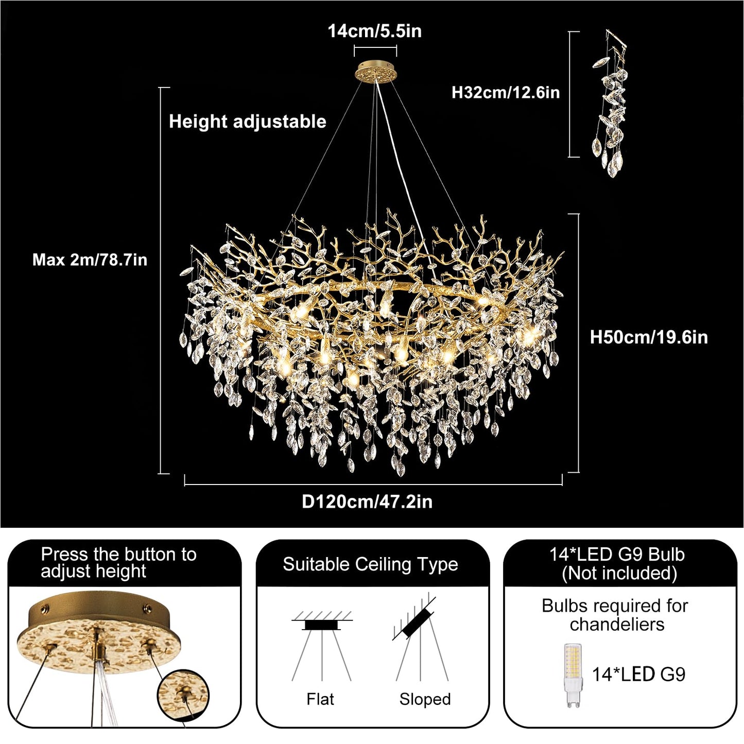 kvtinmty 14-Light Modern Large Crystal Chandelier for Dining Room, 48" Round Gold Crystal Tree Branche Chandelier, Living Room Crystal Chandelier, Crystal Chandeliers for High Ceiling,Entryway,Foyer
