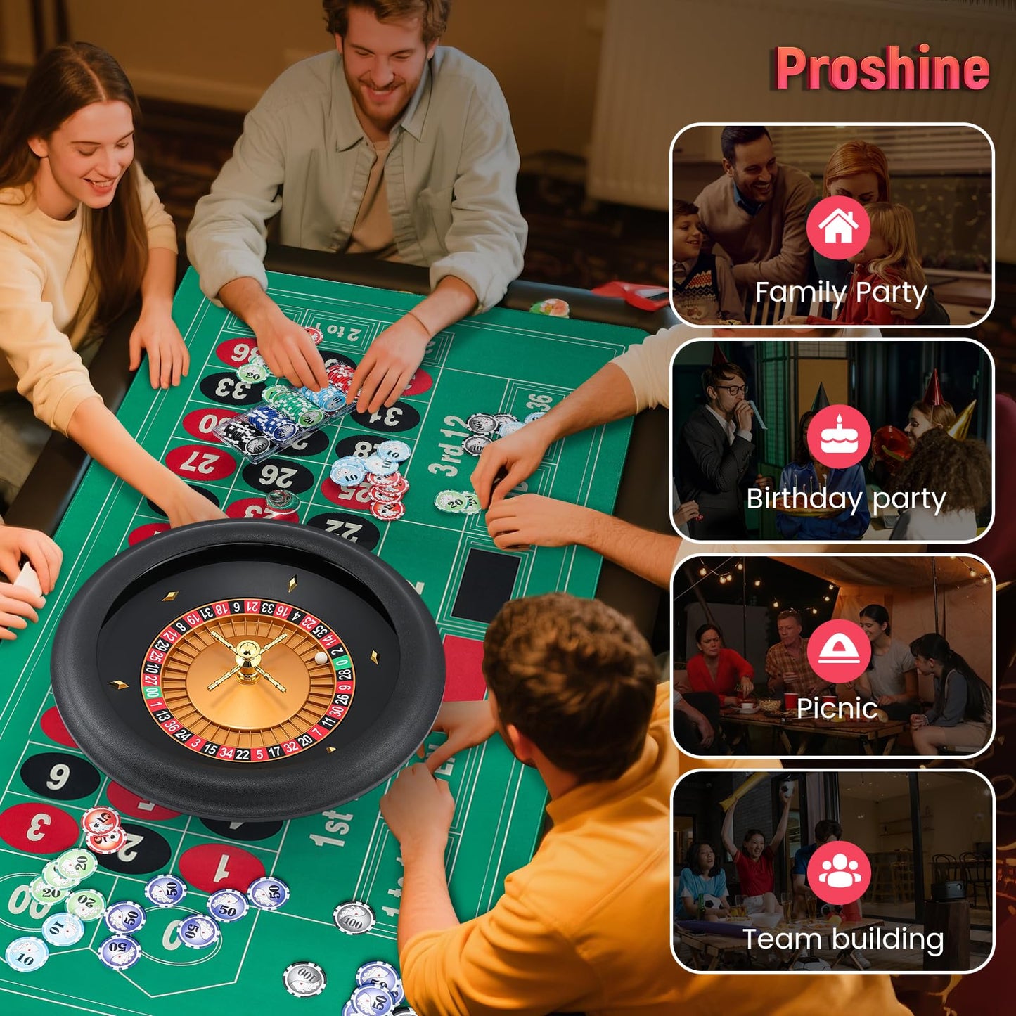Proshine 18" ABS Roulette Wheel Set with 47.2 * 23.6” Double-Sided Roulette Tablecloth 100pcs Poker Chips Roulette Win Marker Dual Balls Casino Game Sets Smooth Rotation for Family & Party Fun