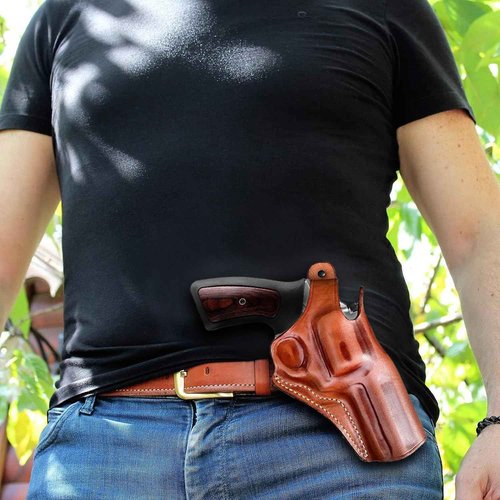 Masc OWB Leather Paddle Holster with Thumb Break, Fits Colt King Cobra Target 357 Mag 6-Shot 4.25" Barrel, R/H Draw Brown Color #1632#