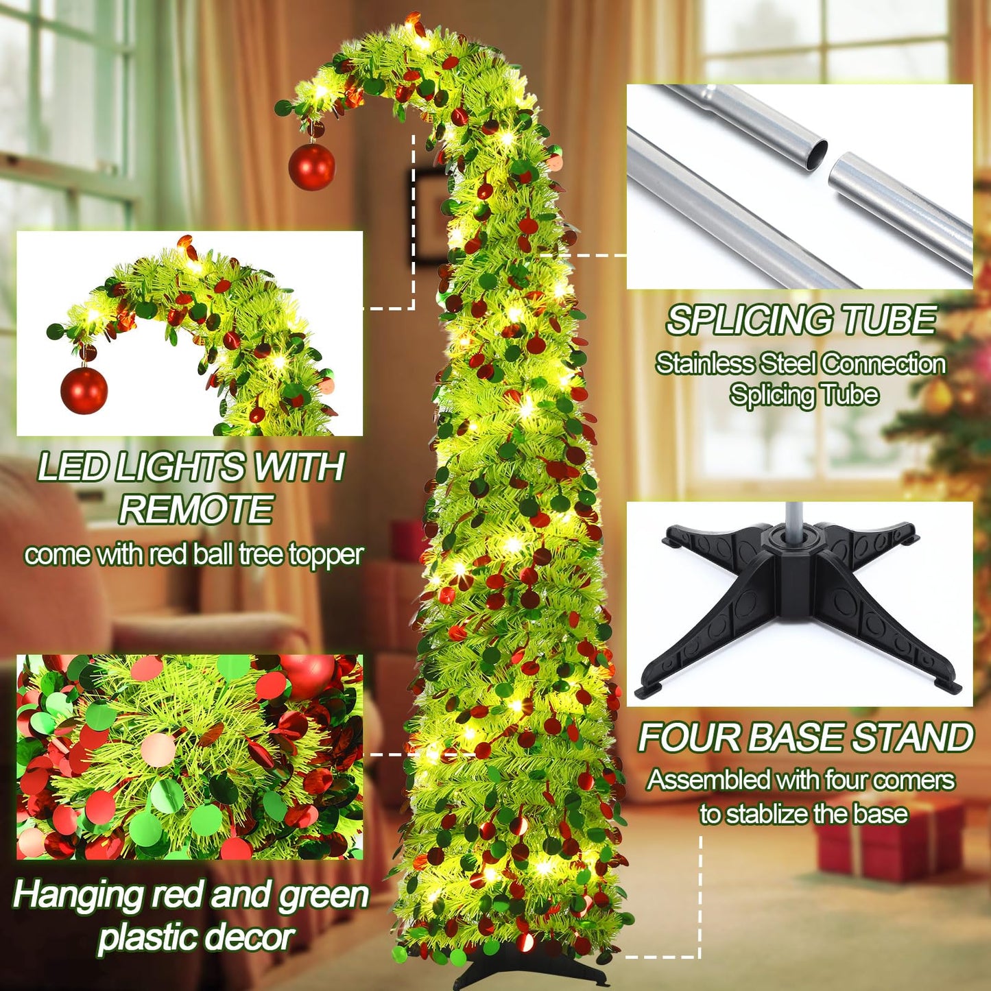 Aurelema 5 ft Christmas Whimsical Pop up Curved Tree with 50 LED Light String Decorations Curved Plastic Tree with Red Ball Top Red Lime Green Tinsel for Xmas Home, Apartment, Office
