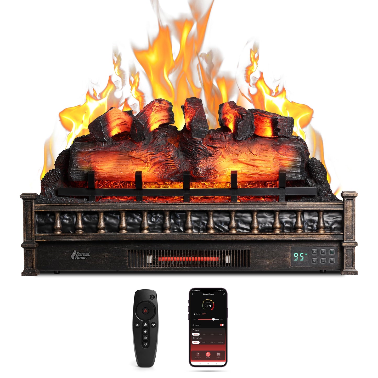 TURBRO Eternal Flame 30 in. WiFi Infrared Quartz Electric Fireplace Log Heater with Sound Crackling, Realistic Pinewood Logs, Adjustable Flame Colors, Remote Control, Thermostat, Timer, 1500W, Bronze