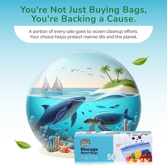 J&&J Fresh Storage Quart Freezer Bags, 50 Pack β Reusable, BPA-Free, Leakproof β Expandable Bottom, Microwave-Safe, Strong Zipper Seal β Quart Bags for Meal Prep & Freezer Storage β Durable & Washable