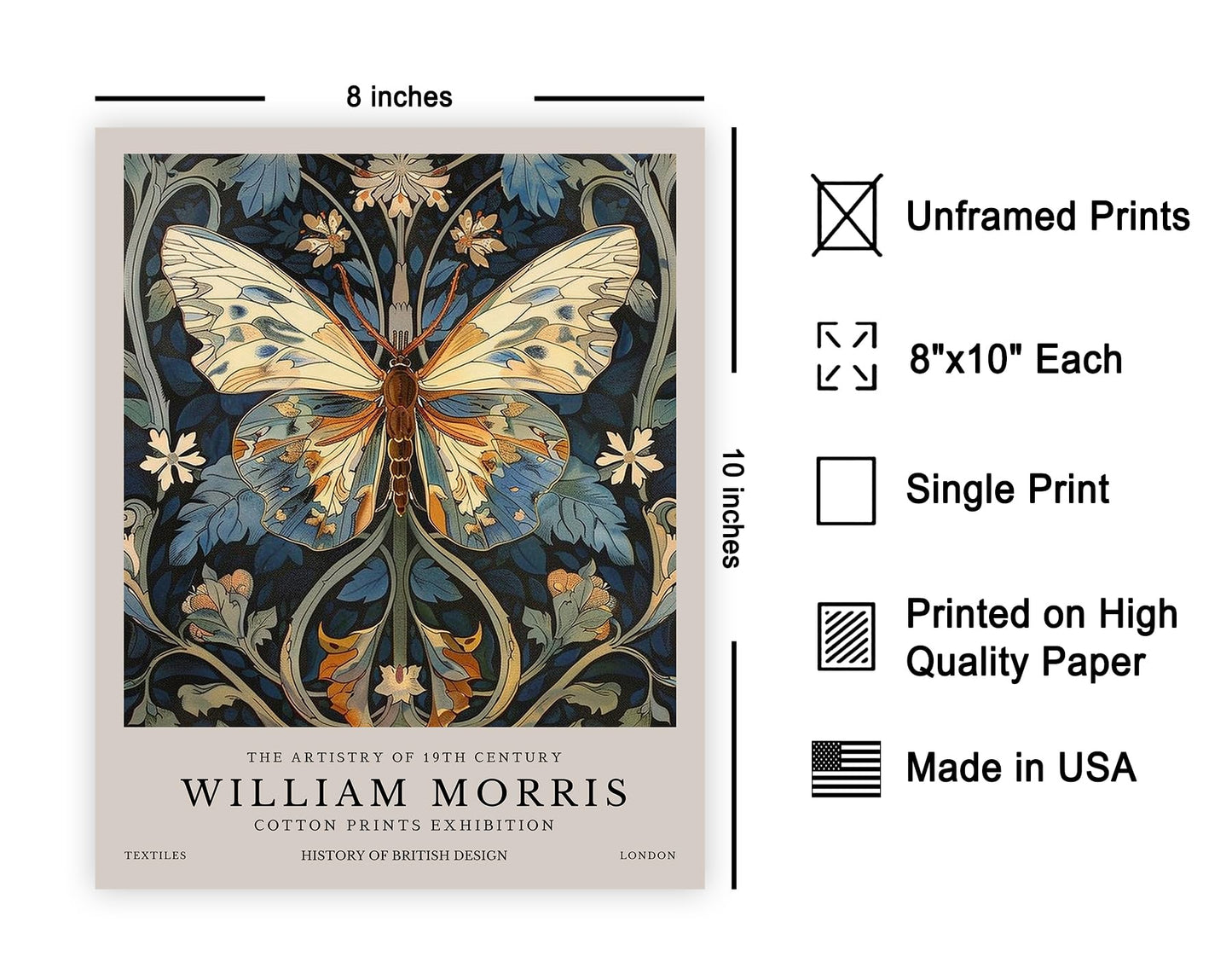 Monem Art William Morris Poster - Butterfly Print - Botanical Art - Exhibition Art - Moth Art - Animal Art - Floral Art - Aesthetic Art - Office or Living Room Wall Decor - 8x10 UNFRAMED Wall Art