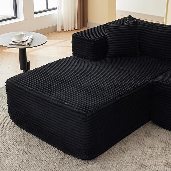 107" Modular Sectional Sofa, L-Shaped Cloud Couch with Deep Seat, Boneless Fluffy Corduroy Sofa for Living Room, No Assembly Required, (Left Facing Chaise,Black)