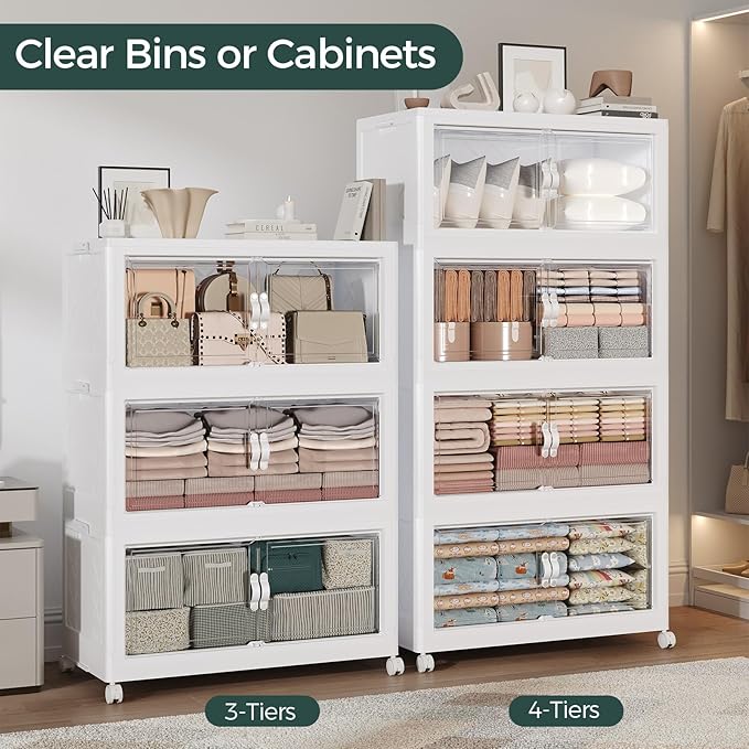 120Gal Stackable Storage Bins with Lid and Wheels, 480QT Plastic Collapsible Storage Boxes with Doors, Closet Organizer and Storage Cabinet for Home Kitchen Office Dorm Room, 4Pack White