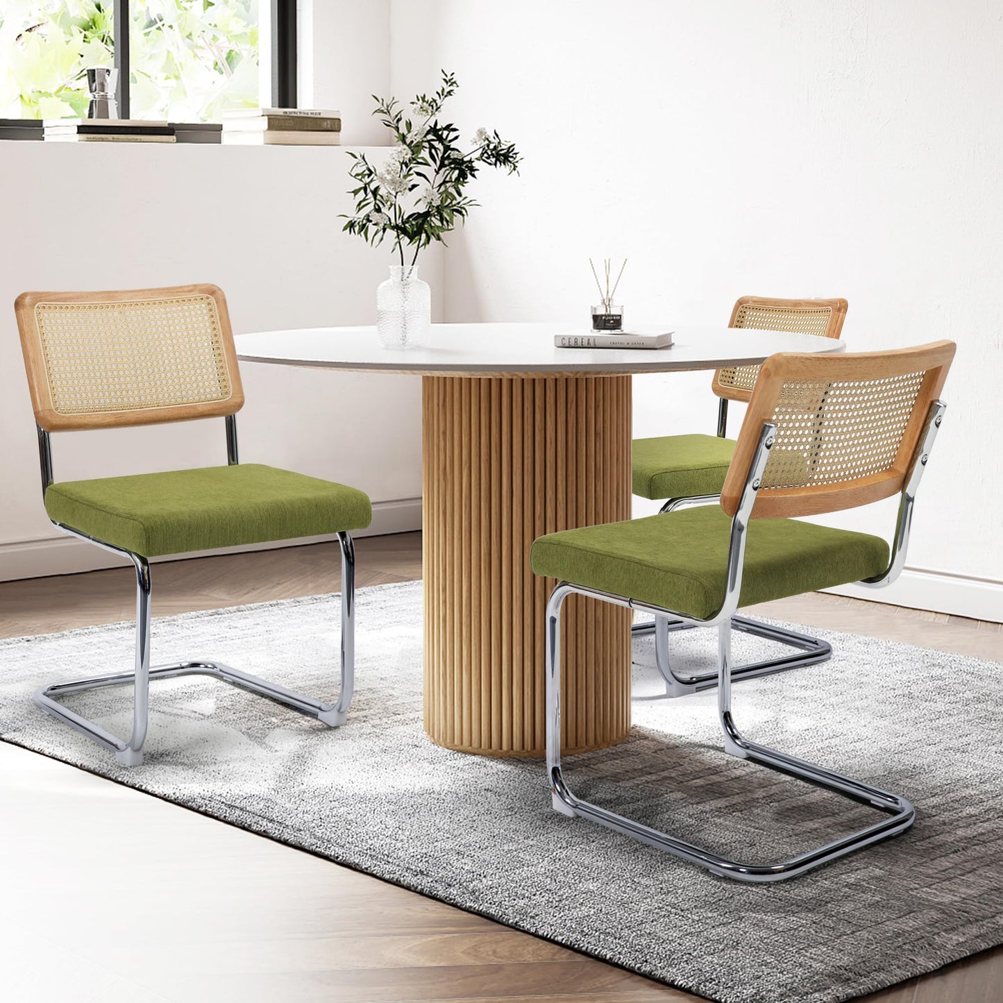 KROFEM Modern Cesca Cane Dining Chairs, Set of 4, Handwoven Rattan Cane Back, Chrome Base, Upholstered Cotton Seat, Ideal for Kitchen or Dining Room, Green
