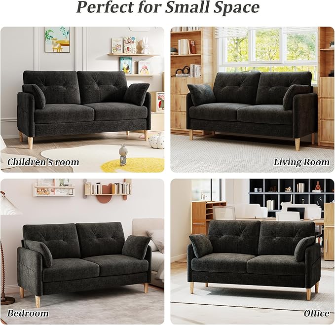 Hanherry Loveseat Sofa, 64.6" Small Couch for Living Room, Comfy Chenille Fabric Love Seat for Bedroom with Throw Pillow,Removable Cushion Cover,Couches for Small Space,Apartment,Dorm