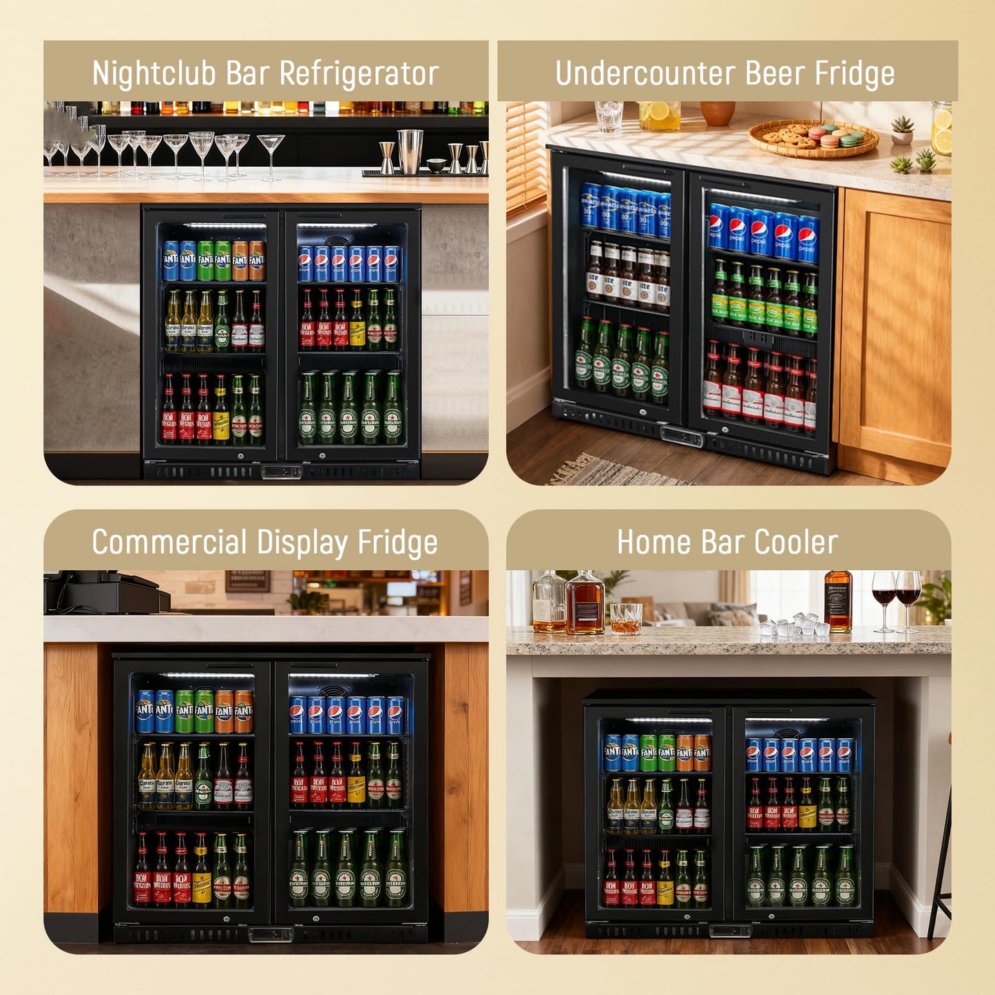 Bluelinecool Commercial Back Bar Cooler with 2 Glass Doors, 7.4 cu.ft Under Counter Beverage Refrigerator, LED Lighting - ETL Certified Beer and Wine Cooler for Bar, Restaurant, Garage, Office, Home