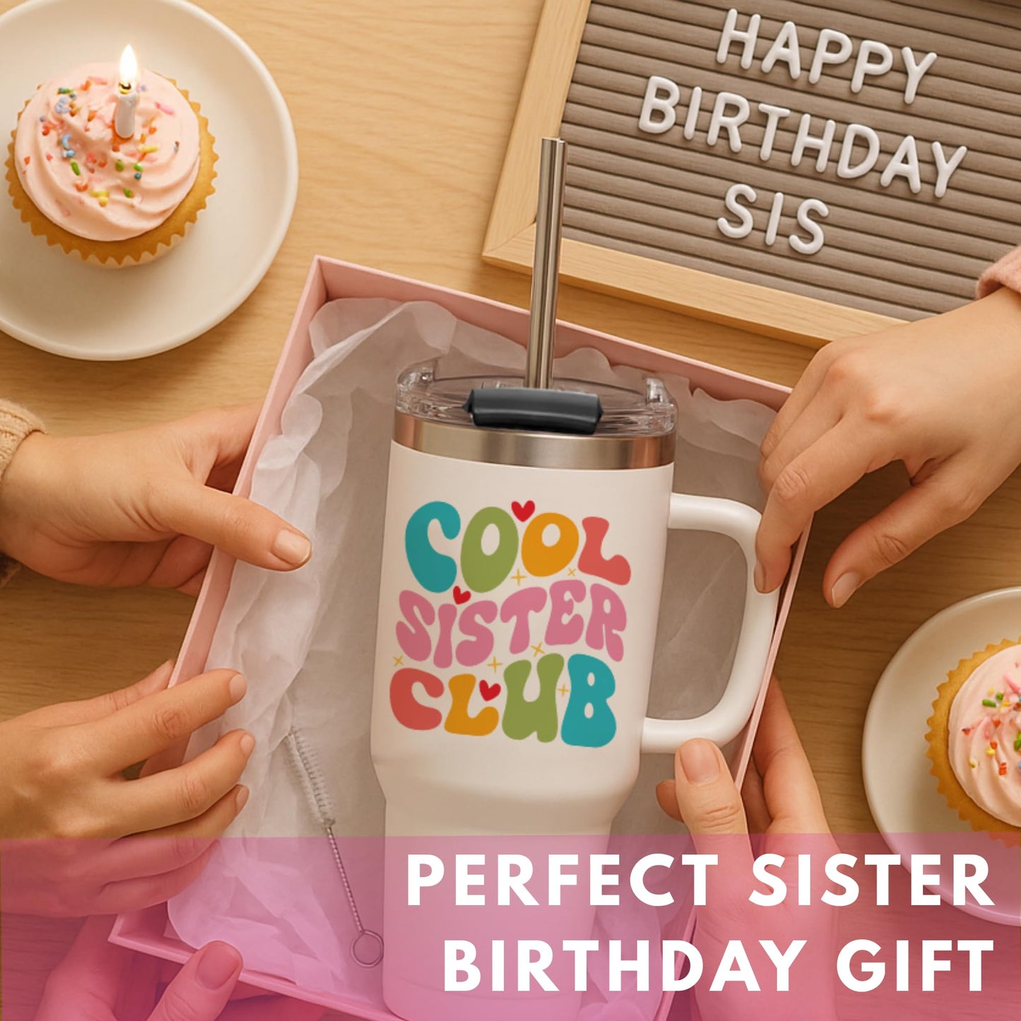 LIERIE8888 Cool Sister Club Tumbler 40Oz - Big Sis Gift Ideas, Funny Coffee Presents for Her, Cute Sibling Tumbler with Handle for Younger or Older Sisters, Birthday Gifts for Women and Teenage Sis