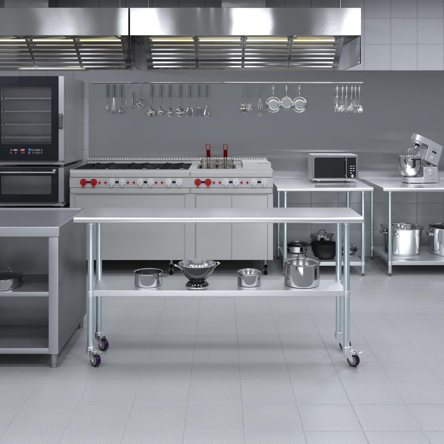 AmGood 18 in. x 72 in. Stainless Steel Work Table with Wheels | Metal Kitchen Food Prep Table | NSF