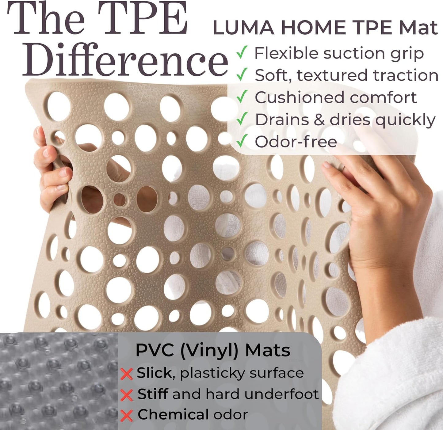 Non Slip Bathtub Mat and Shower Mat Beige TPE Strong Suction Cups Aesthetic Bath Mat for Inside Shower with Soft Texture, Quick-Dry Drain Holes, Spa-Inspired Design 30x17” (75x43 cm)