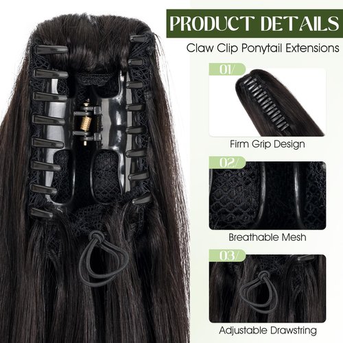 Charites Ponytail Extension, 16 Inch Claw Clip Ponytail Extension Human Hair Long Straight Jaw Clip in Real Hair Pony Tails Hairpieces for Women Natural Black