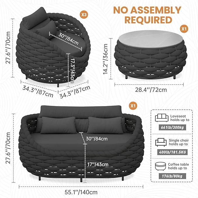 Erotr Fully Assembled Patio Furniture Set: 5 Pieces Woven Rope Outdoor Conversation Set Cushioned - Modern Metal Deck Loveseat Chair Table Set - Porch Seating For Yard Garden Poolside Hotel, Dark Grey