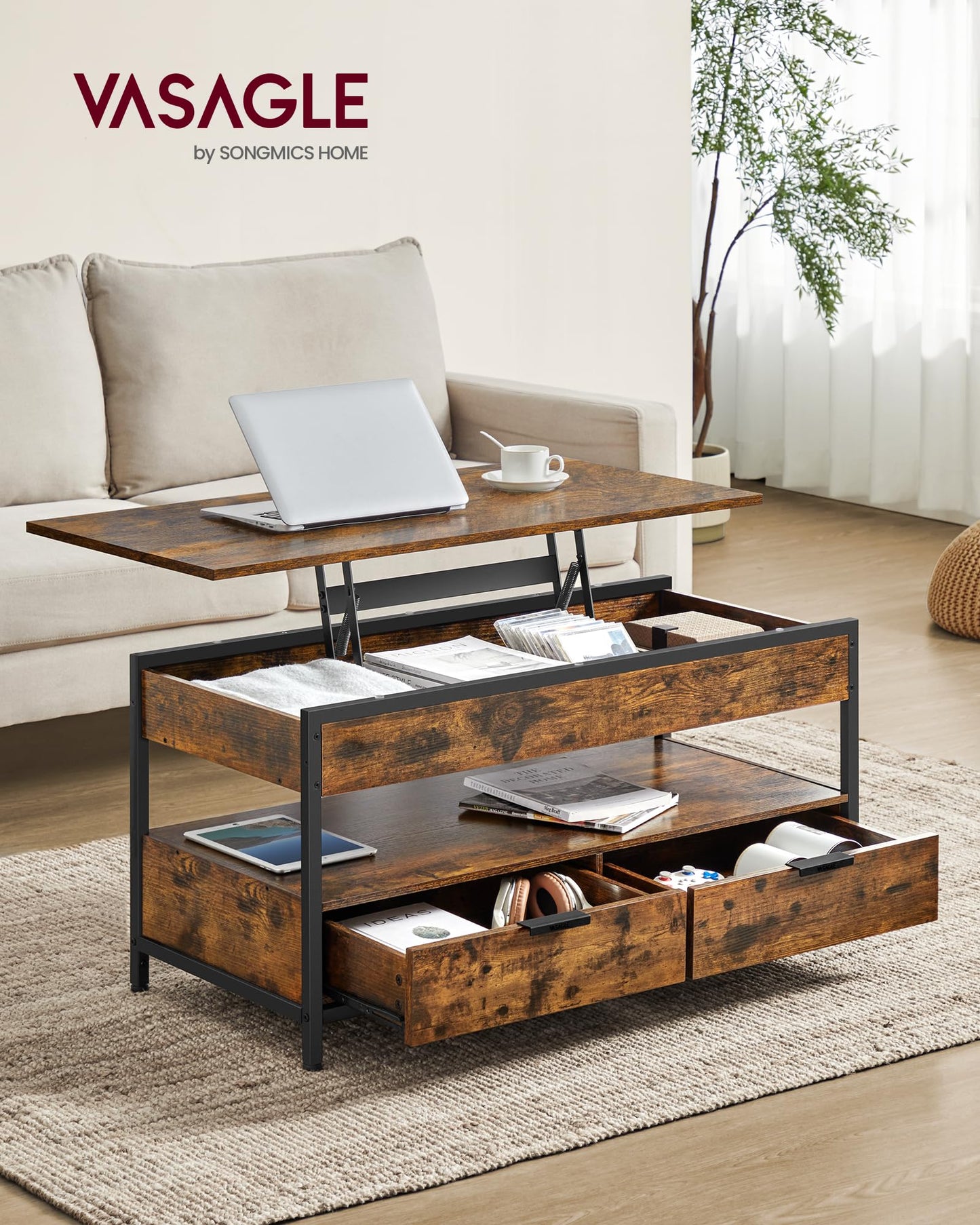 VASAGLE Lift Top Coffee Table with Storage Drawers, Coffee Table for Living Room with Lifting Top, Hidden Compartments and Open Shelf, Rustic Brown and Ink Black ULCT209K01