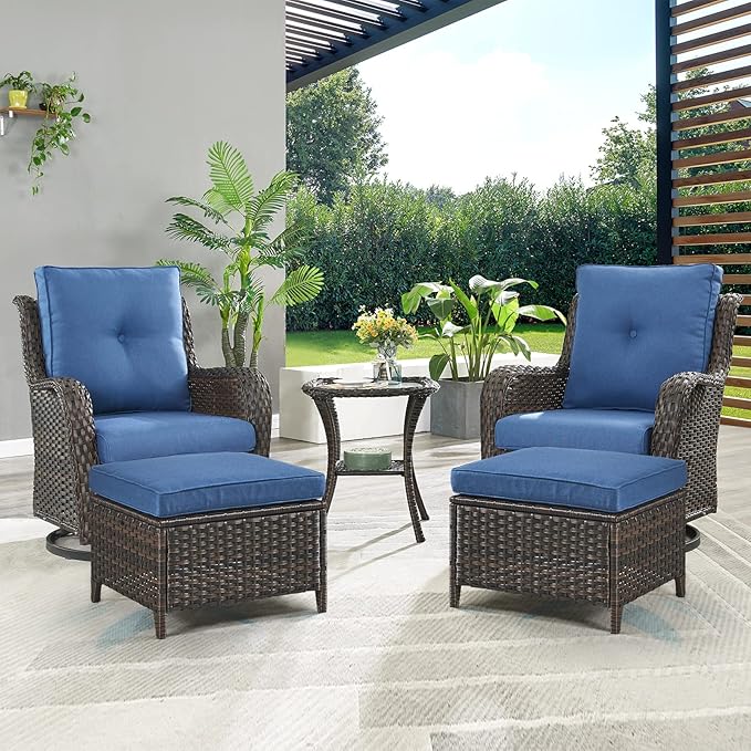 Rilyson Patio Furniture Swivel Chairs Set - 5 PC Wicker Rattan Outdoor Sectional Conversation Sets with 2 Swivel Rocking Chairs,2 Ottomans and 1 Side Table for Porch Deck(Brown/Blue)