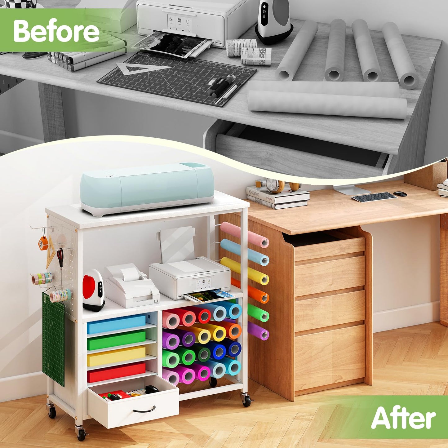 MASHELLY Craft Storage Cart, Compatible with Cricut Cutting Machines, Features a Vinyl Roll Holder and Drawers,A Mobile Storage Table for Crafting Tools and Accessories, Suitable for Studios, Offices